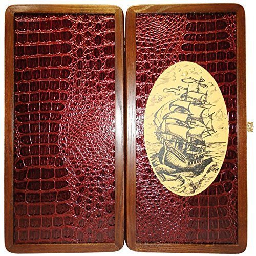 16" Backgammon Board Game Set Ship Frigate, Wood & Crocodile Leather, Pieces & Dices