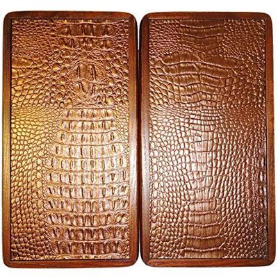 12" Backgammon Board Game Set, Wood & Crocodile Leather, Pieces & Dices
