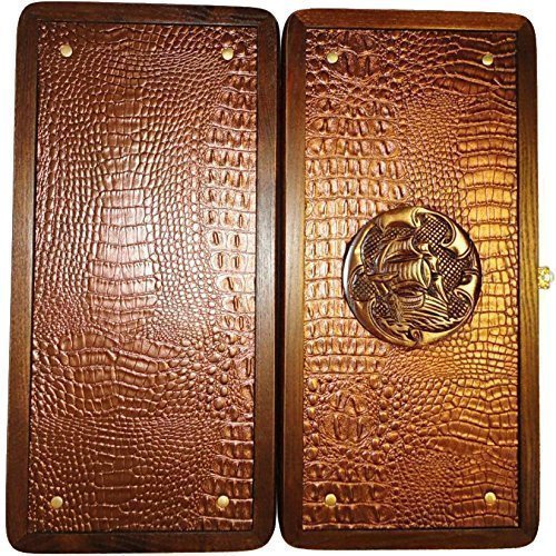 16" Backgammon Board Game Set Ship, Wood & Crocodile Leather, Pieces & Dices