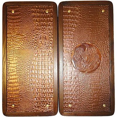 16" Backgammon Board Game Set Eagle, Wood & Crocodile Leather, Pieces & Dices