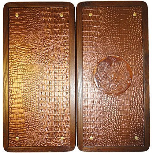 16" Backgammon Board Game Set Eagle, Wood & Crocodile Leather, Pieces & Dices