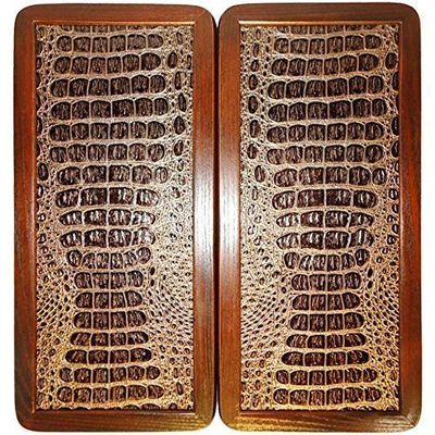 15" Backgammon Board Game Set, Wood & Crocodile Leather, Pieces & Dices