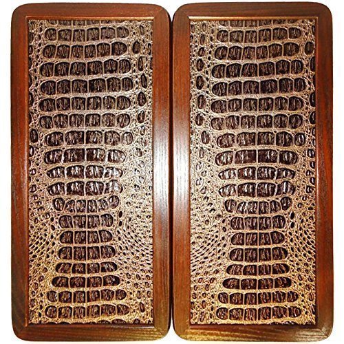 15" Backgammon Board Game Set, Wood & Crocodile Leather, Pieces & Dices