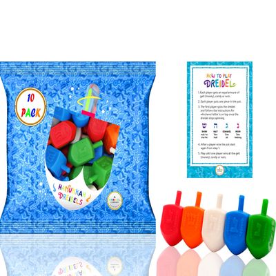The Dreidel Company 10 Bulk Pack Multi-Color Plastic Hanukkah Dreidels with English Transliteration - Includes Game Instruction Cards (10-Pack)