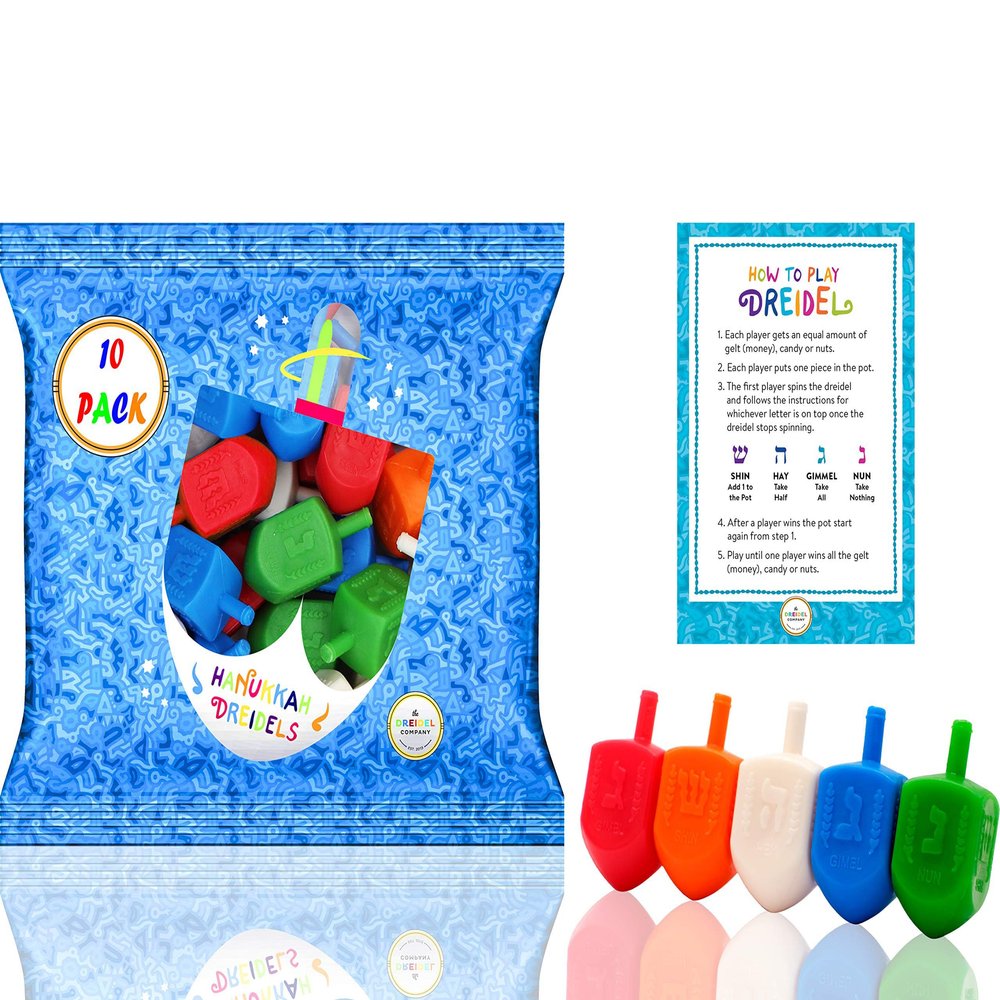 The Dreidel Company 10 Bulk Pack Multi-Color Plastic Hanukkah Dreidels with English Transliteration - Includes Game Instruction Cards (10-Pack)