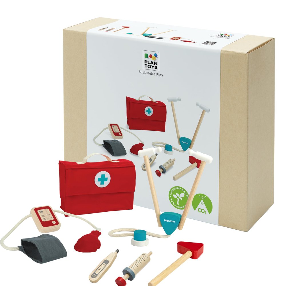 PlanToys Wooden Pretend Play Doctor Set for Kids | Role Play Medical Kit with Stethoscope, Syringe & More | Eco-Friendly Toy for Imaginative Role Play & Social-Emotional Development