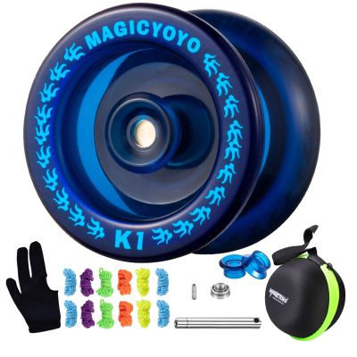 MAGICYOYO K1 Professional Responsive Yoyo for Kids 8-12, Hubstacks Yo-yo for Kids, Dual Purpose Yoyo with Unresponsive Bearing, Storage Bag + 12 Strings +Yo-Yo Glove +2 Yo yo Hubstacks (Dark Blue)