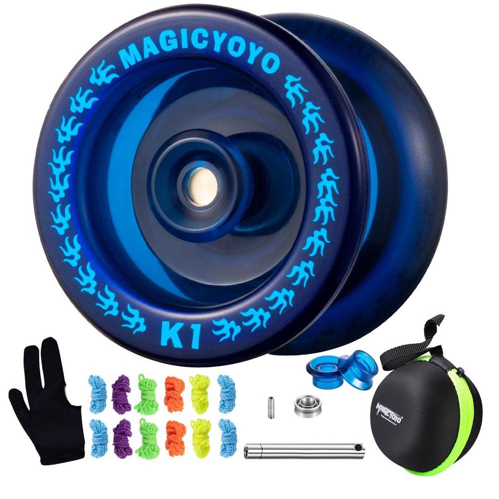 MAGICYOYO K1 Professional Responsive Yoyo for Kids 8-12, Hubstacks Yo-yo for Kids, Dual Purpose Yoyo with Unresponsive Bearing, Storage Bag + 12 Strings +Yo-Yo Glove +2 Yo yo Hubstacks (Dark Blue)