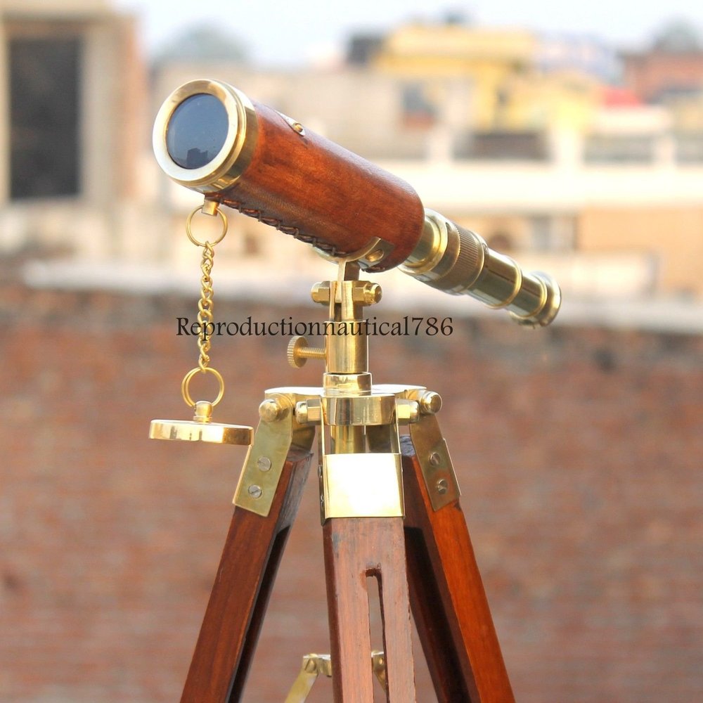 Mahira NauticalSolid Brass Telescope with Wooden Tripod Nautical Leather Spyglass GiftSolid Brass Telescope with Wooden Tripod Nautical Leather Spyglass Gift