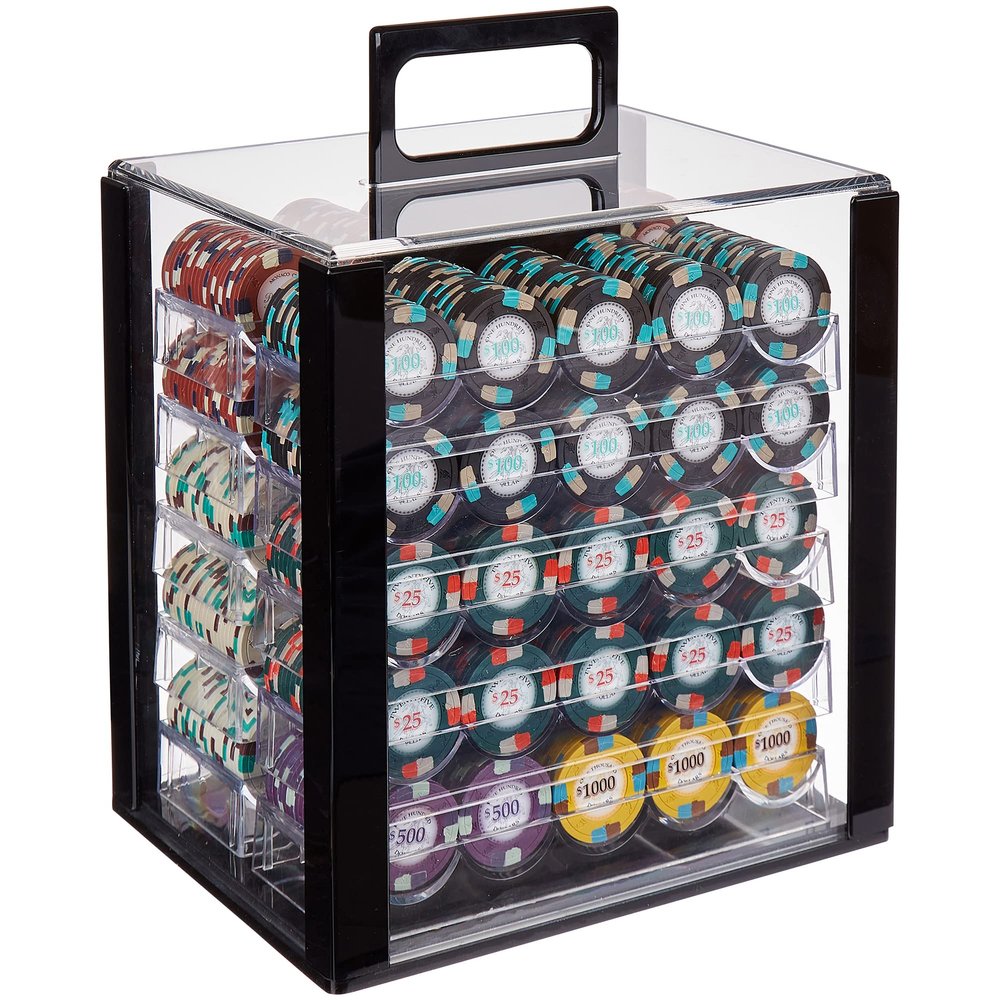 Poker Knights Poker Chips Set - 1000 Heavyweight (13.5-Gram) Clay Composite Chips with Numbers, 10 Acrylic Trays, & Clear Carry Case - Professional Casino Supplies, Kits, Holders, & Storage Container