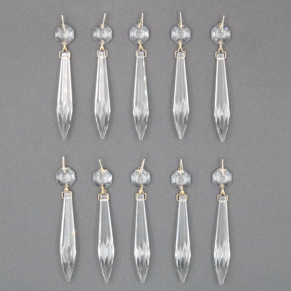 10 Crystal Chandelier Prisms with Brass Hooks, 4 Inch Length Spire Light