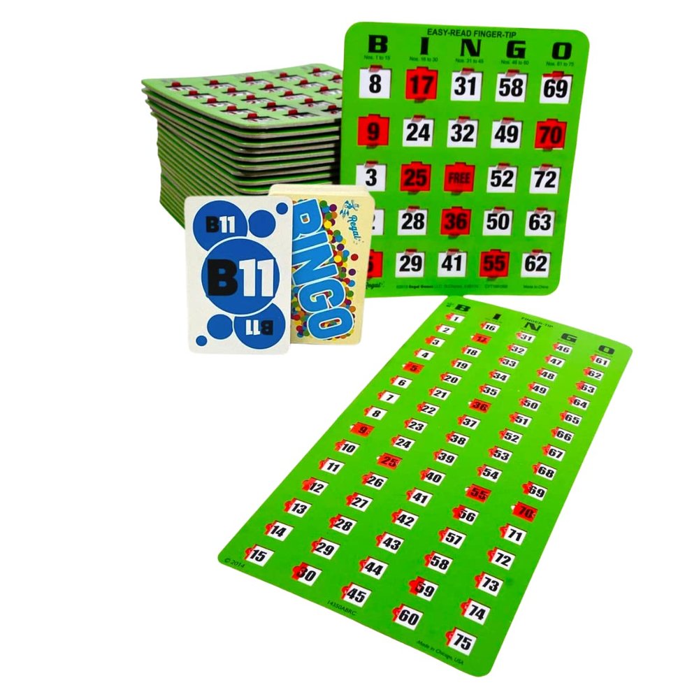 Regal Bingo Game Set for Adults and Kids - 50 Bingo Cards with Sliding Windows, Reusable & Large Bingo Cards, 1 Master Board - Fun Family Game Night - No Chips & Daubers Needed - Green