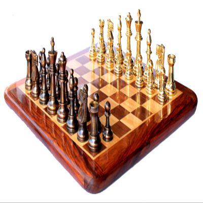 15" x 15 Collectible Acacia Wood Chess Game Board Set+Brass Crafted Pieces (Delivered Within 7 Days)