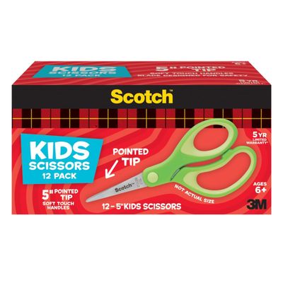 Scotch 5" Soft Touch Pointed Tip Kids Scissors, 12 Count Teachers Pack, Green, All-Purpose Scissors for School and Crafts (1442P-12)