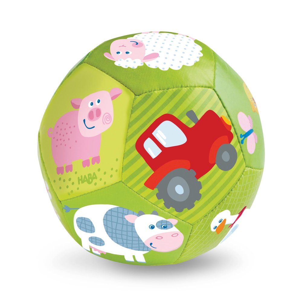 HABA Soft Baby Ball with Farm Animals for Tummy Time & Sensory Play - 4.5" Infant Play Ball Ideal for Crawling, for Babies 6 Months & Up