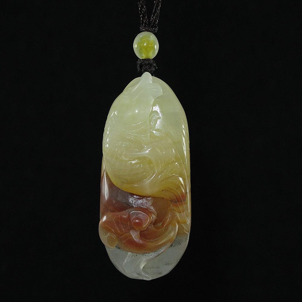 1.9"China Certified Nature Yellow Dragon Jade Fortune Gold Fish and Ruyi Fine Carved Necklace