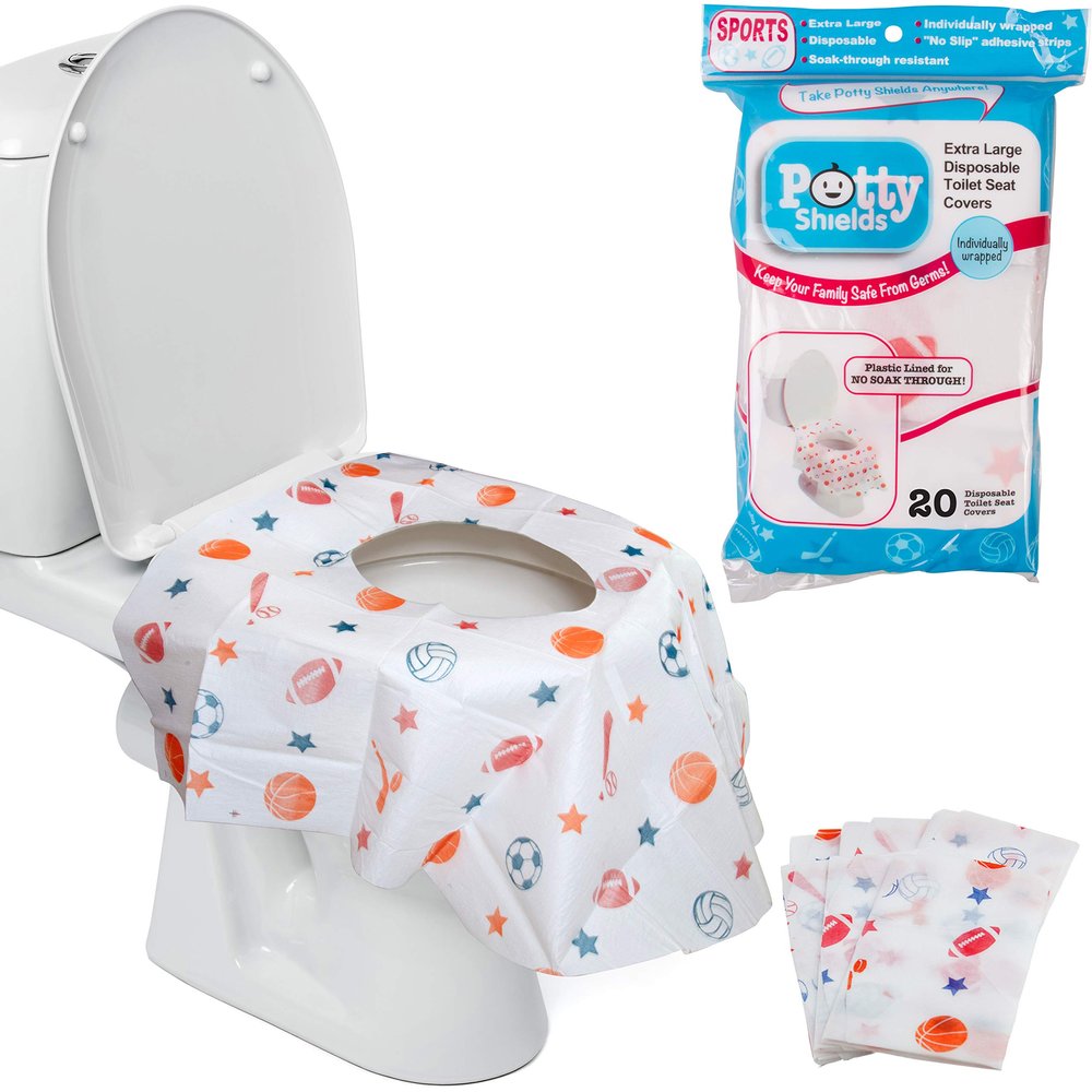 Potty Shields Toilet Seat Covers Disposable (20 Pack, Sports) - XL Waterproof Toilet Cover for Toddlers, Kids & Adults - Portable & Individually Wrapped for Travel, Potty Training & Public Restrooms