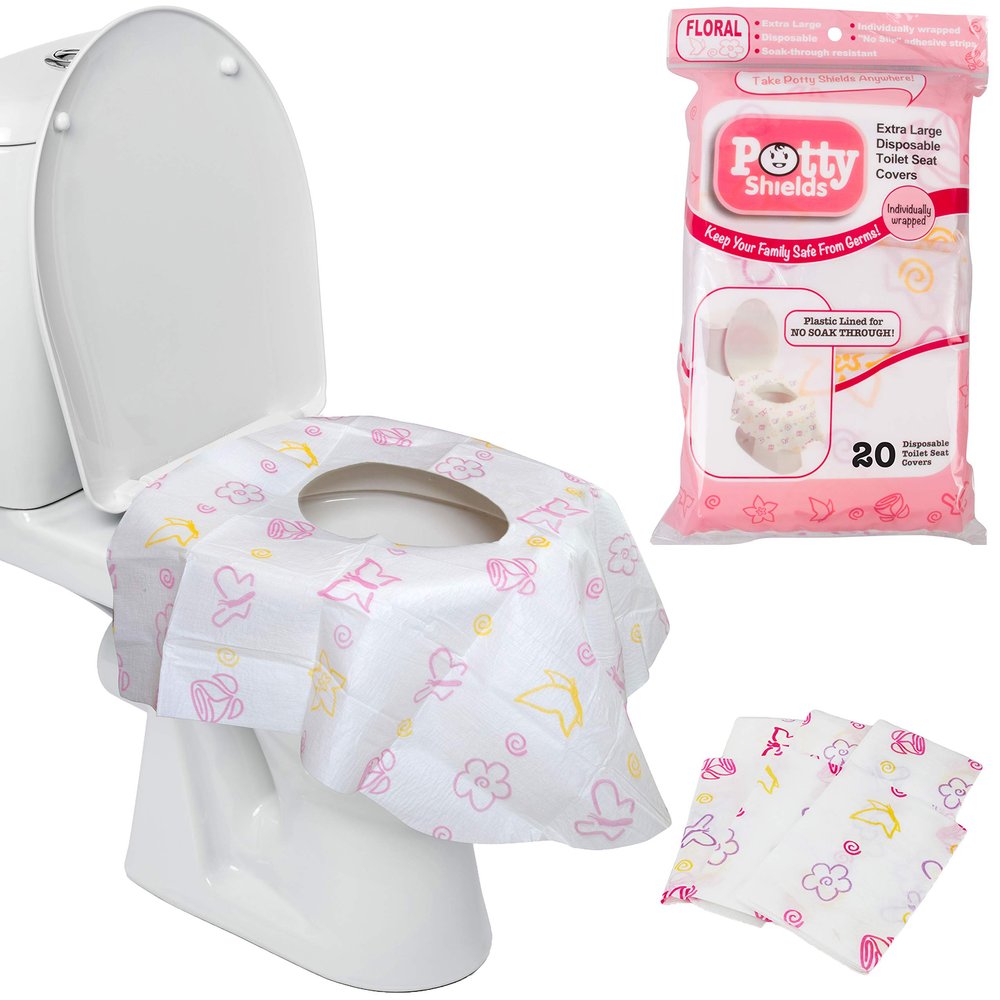 Potty Shields Toilet Seat Covers Disposable (20 Pack, Floral) - XL Waterproof Toilet Cover for Toddlers, Kids & Adults - Portable & Individually Wrapped for Travel, Potty Training & Public Restrooms