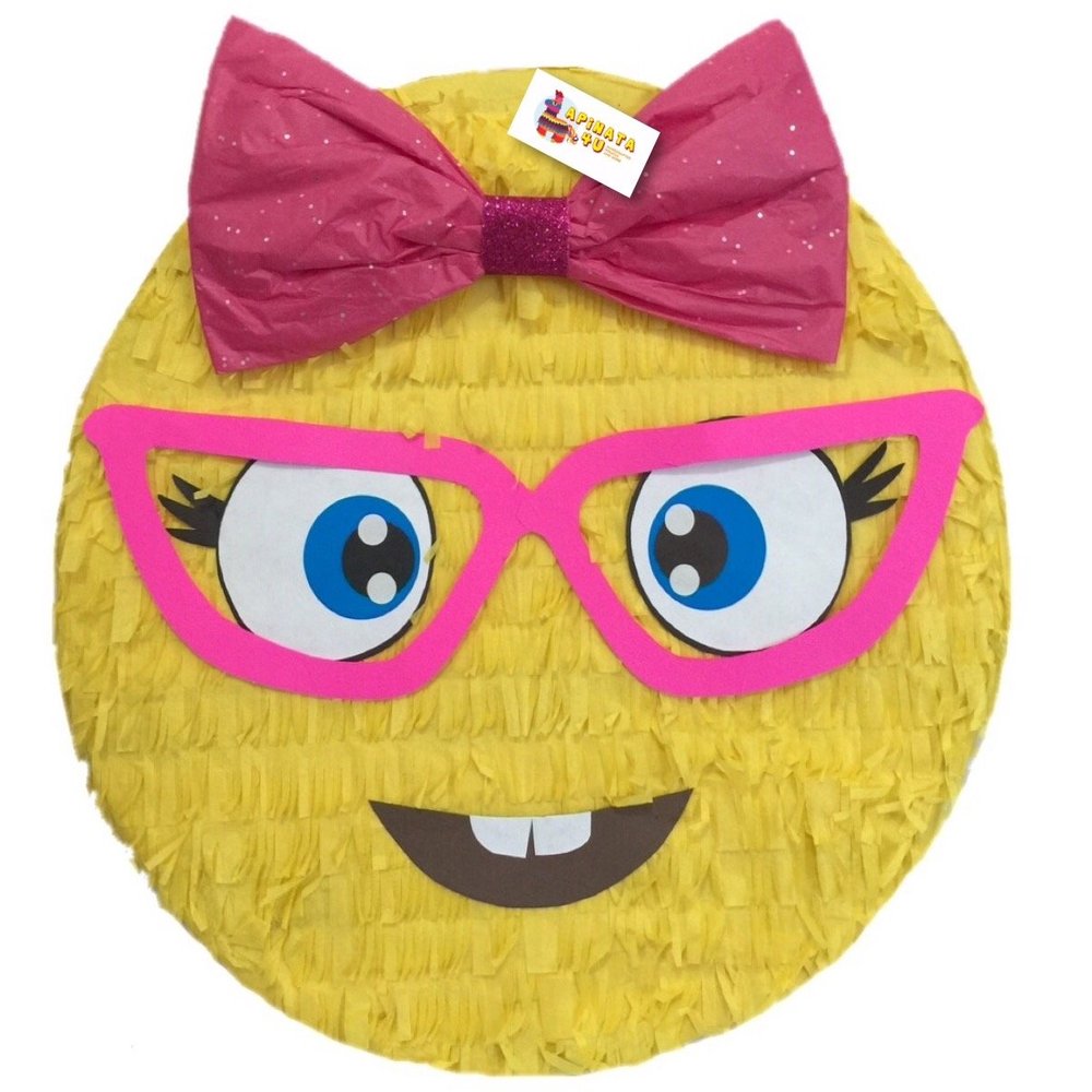16" Yellow Emoticon Pinata Wigh Glasses And Pink Bow Smarty Pants Party Supplies Decorations