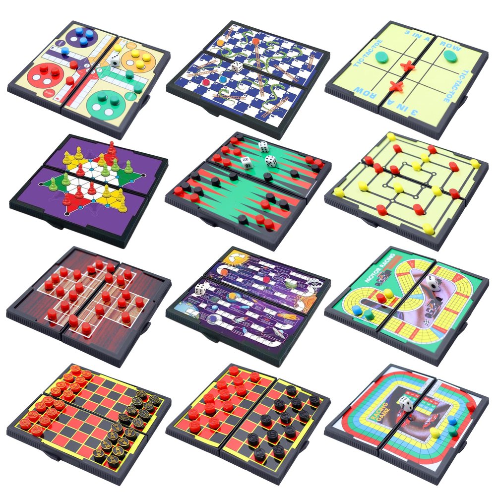 Magnetic Board Travel Games Set, Includes 12 Different Retro Board Games, Compact Travel Design Set, Individually Boxed, Best Gift Idea for Kids