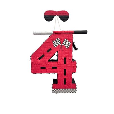 APINATA4U's 17.5" Large Red Number Four Racing Theme Pinata - Rev Up Your Celebration with High-Octane Fun! Including Stick and Mask