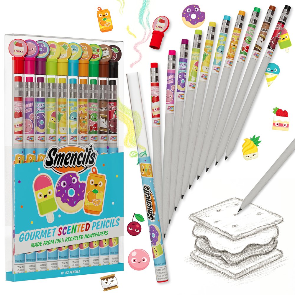 Smencils - Patented Gourmet Scented Graphite HB #2 Pencils Made from Recycled Newspapers, 10 Count, Gifts for Kids, School Supplies
