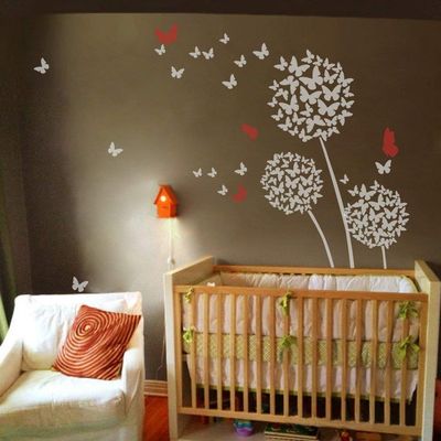 MairGwall Dandelion Wall Decal Flower Sticker Nursery Floral Wall Mural Girl Room Vinyl (Large,Dandelion - White;Four Butterflies - Tomato Red)