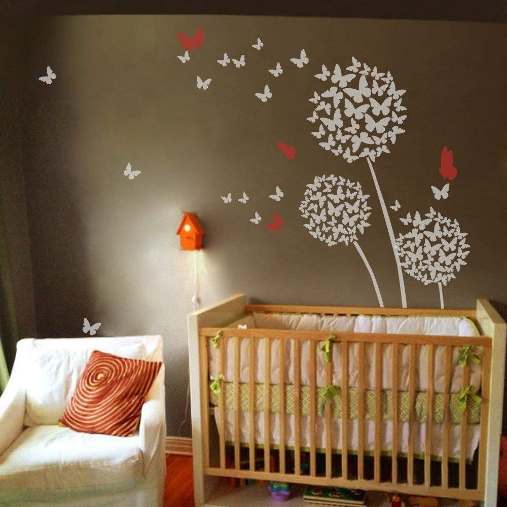 MairGwall Dandelion Wall Decal Flower Sticker Nursery Floral Wall Mural Girl Room Vinyl (Large,Dandelion - White;Four Butterflies - Tomato Red)