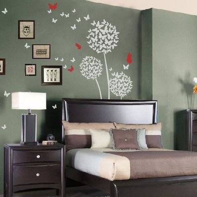 MairGwall Dandelion Wall Decal Flower Sticker Nursery Floral Wall Mural Girl Room Vinyl (X-Large,Dandelion - White;Four Butterflies - Tomato Red)