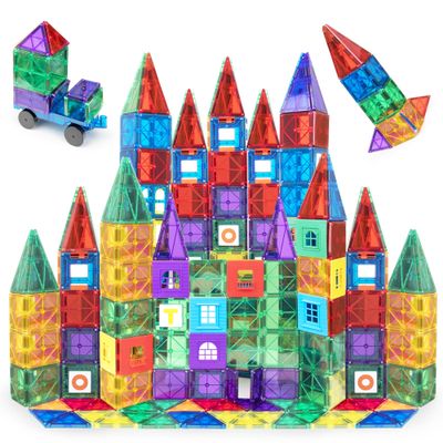 Playmags 150-Piece Magnetic Tiles Building Set 3D Magnet Building Blocks, Creative Imagination, Inspirational, Educational STEM Toys for Kids with 1 Car