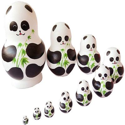 Unigift Cute Animal Panda with Bamboo Handmade Wooden Russian Nesting Dolls Matryoshka Dolls Set 10 Pieces for Kids Toy Home Decoration