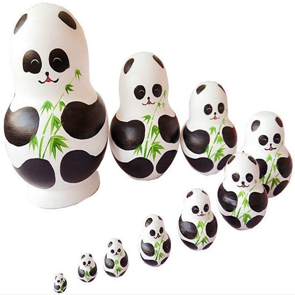 Unigift Cute Animal Panda with Bamboo Handmade Wooden Russian Nesting Dolls Matryoshka Dolls Set 10 Pieces for Kids Toy Home Decoration