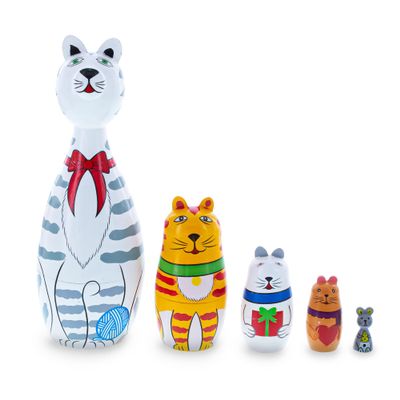 BestPysanky Four Cats and Mouse Wooden Nesting Dolls 7 Inches