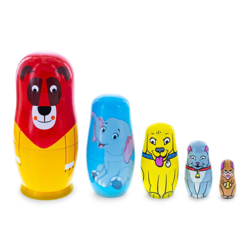 BestPysanky 5 Animals Lion, Elephant, Dog & Cat Wooden Nesting Dolls 5.75 Inches