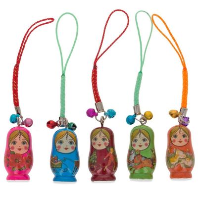 BestPysanky Set of 5 Wooden Dolls Matryoshka Charms for Phones, Bags, Backpacks