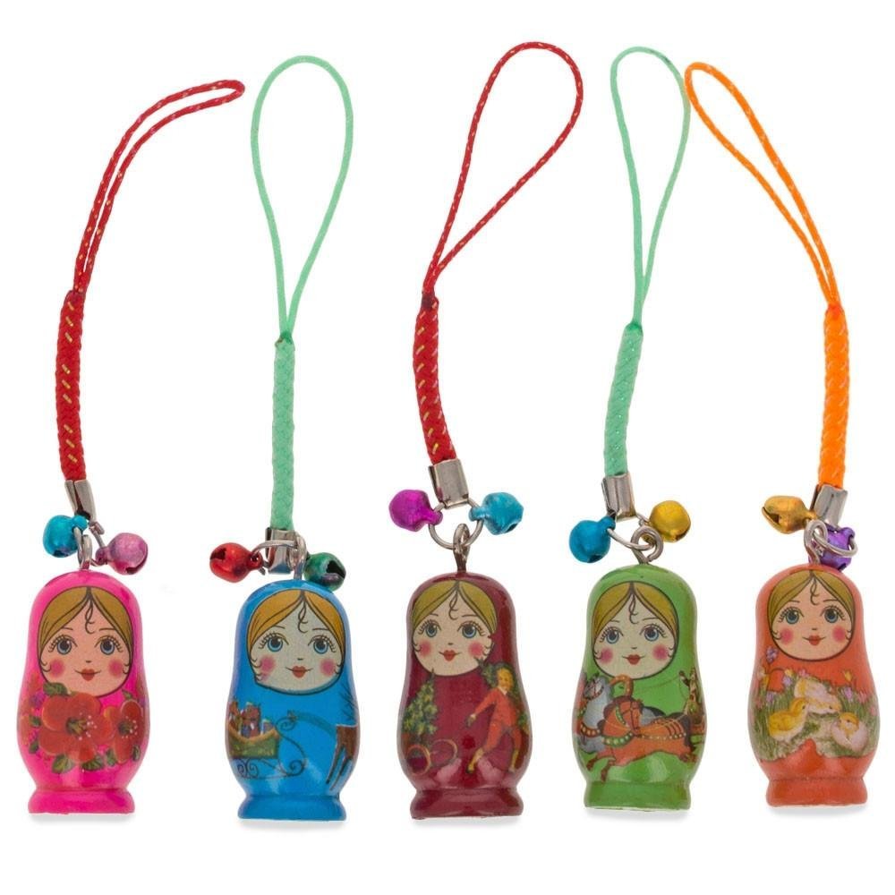 BestPysanky Set of 5 Wooden Dolls Matryoshka Charms for Phones, Bags, Backpacks
