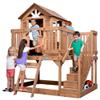 Backyard Discovery Scenic Heights Elevated Cedar Wooden Kids Playhouse with Play Kitchen, Wrap-Around Deck, Toy Storage Bench, Saloon-Style Doors, Ladder, Stairs, and Growth Chart for Outdoor Play view 1