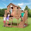 Backyard Discovery Scenic Heights Elevated Cedar Wooden Kids Playhouse with Play Kitchen, Wrap-Around Deck, Toy Storage Bench, Saloon-Style Doors, Ladder, Stairs, and Growth Chart for Outdoor Play view 2