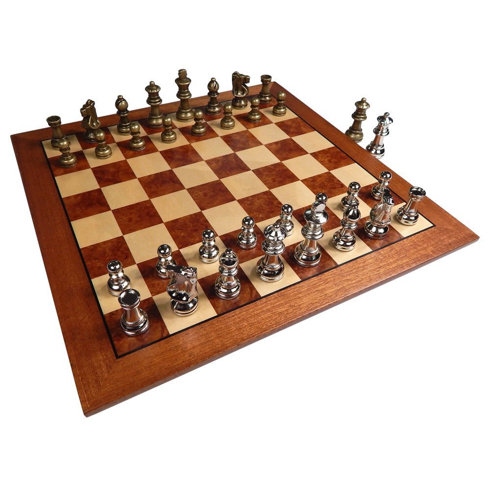 Hayes Inlaid Maple, Mahogany, and Sapele Wood Chess Board with Metal Pieces, 2.5 Inch King, and Extra Queens (Large 15 x 15 Inch Set)