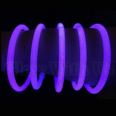 Glow With Us Brand Glow Sticks Bracelets Bulk Wholesale, 100 8 Purple Glow Bracelets, Bright Color, Glow 8-12 Hrs, 100 Connectors Included, Glow Party Favor Supplies, Sturdy Packaging, Great Fun.