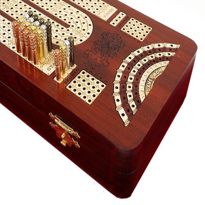 14" 4 Track Continuous Cribbage Board W/ Card Storage Maple Tracks on Bloodwood - Corner, Skunk & Games Won