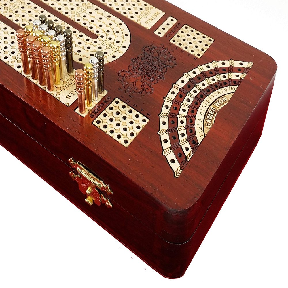 14" 4 Track Continuous Cribbage Board W/ Card Storage Maple Tracks on Bloodwood - Corner, Skunk & Games Won