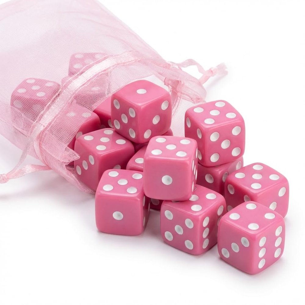 12 Square Pink Dice 16mm Precision-Cut with Bold White Pips Includes Organza Gift Bag Perfect for Ladies Bunco Night & Party Games