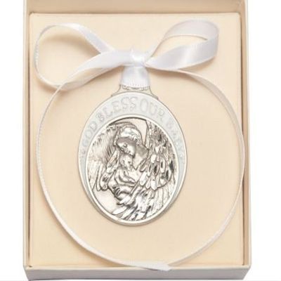 Pewter Baby with Guardian Angel Crib Medal with White Ribbon - Boxed by Truefaithgifts