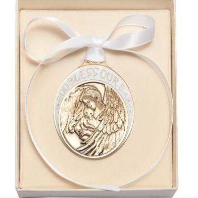 Gold Oxide Baby with Guardian Angel Crib Medal with White Ribbon - Boxed.