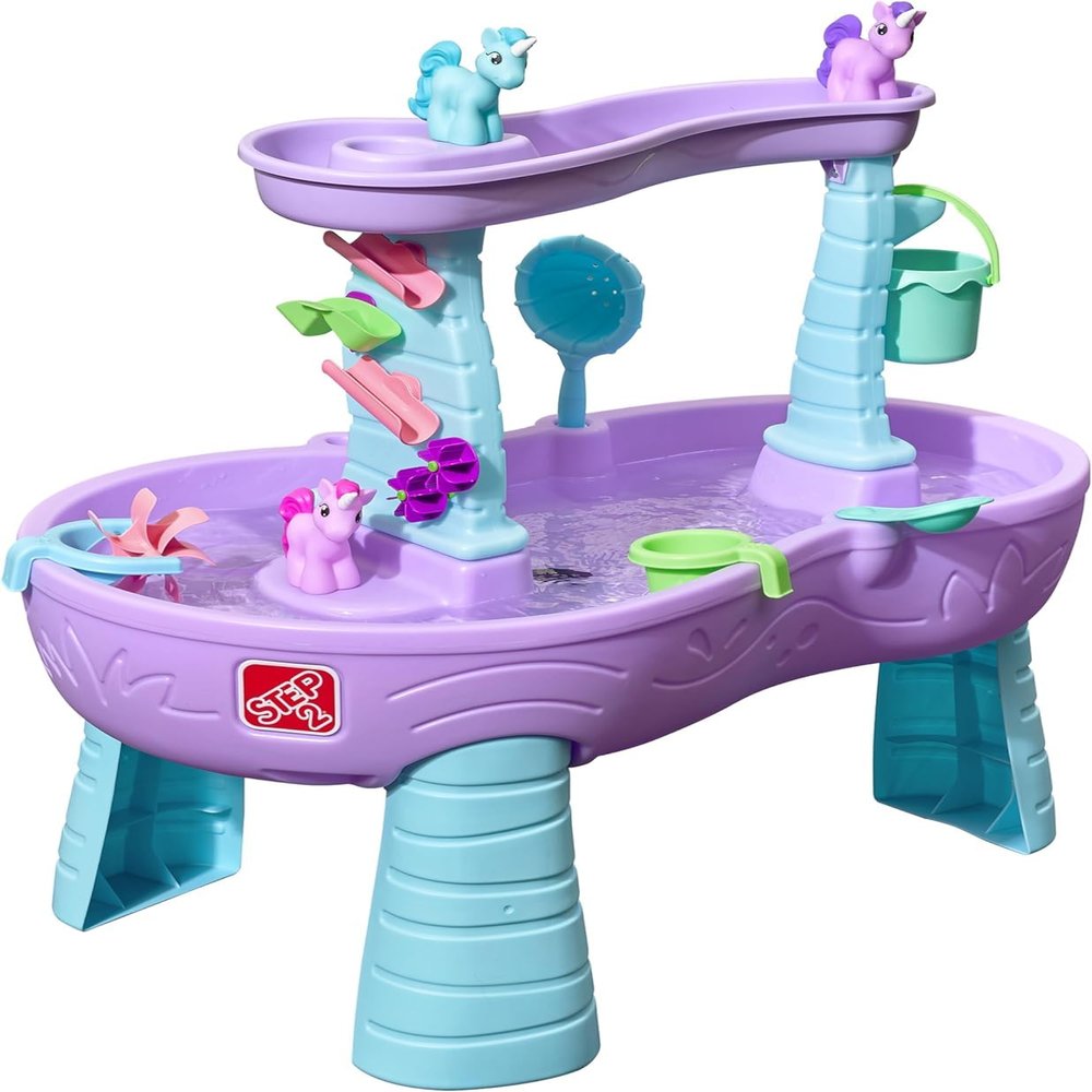 Step2 Rain Showers and Unicorns Water Table, Kids Water and Sand Activity Sensory Playset, Summer Outdoor Toys, 13 Piece Water Toy Accessories, for Toddlers 1.5+ Years Old, Blue & Purple