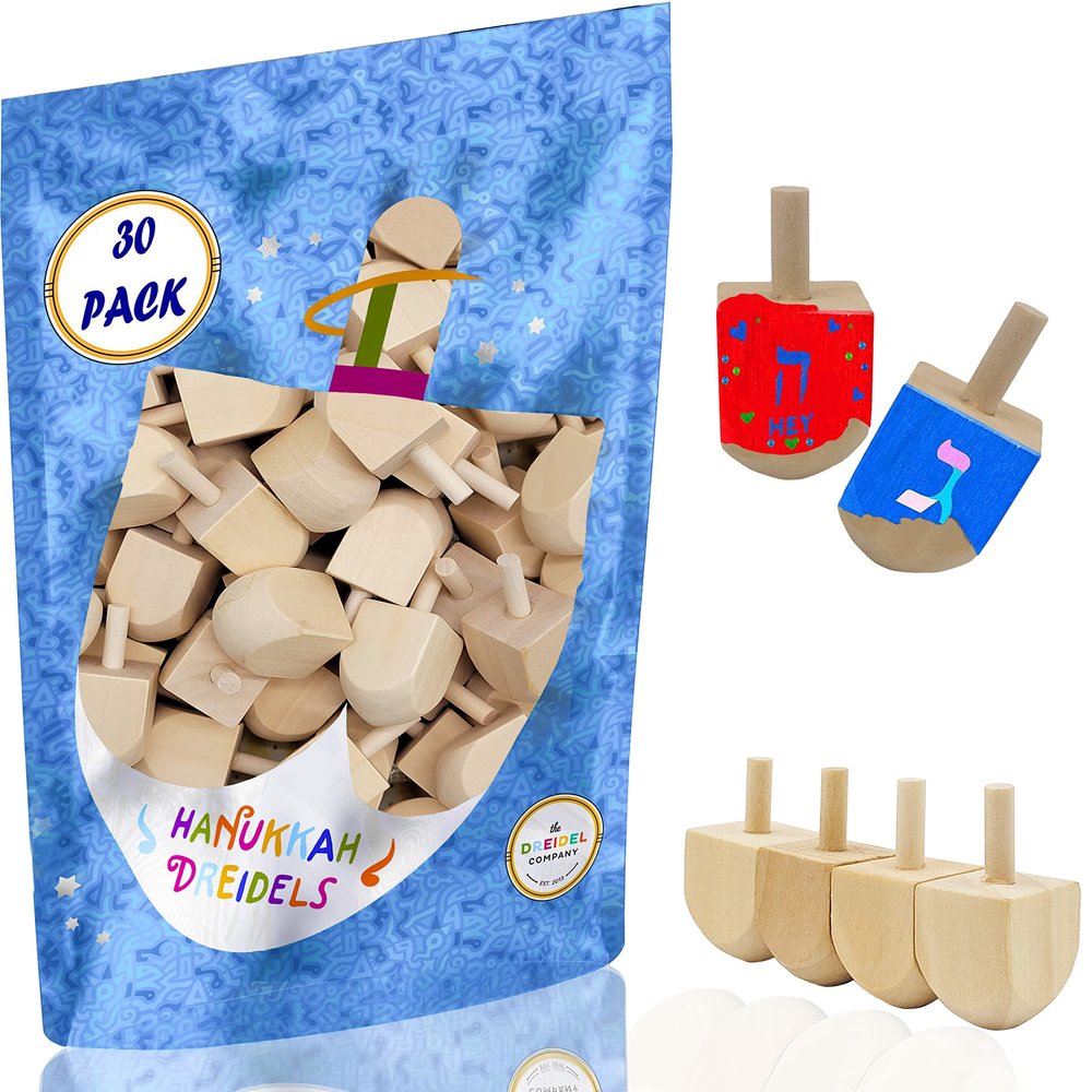 The Dreidel Company 25-Pack Hanukkah Wood Dreidels, Design Your Own Game, DIY Unfinished Natural Wooden Chanukkah Dreidels - 1.5" Inch (Pack of 25)