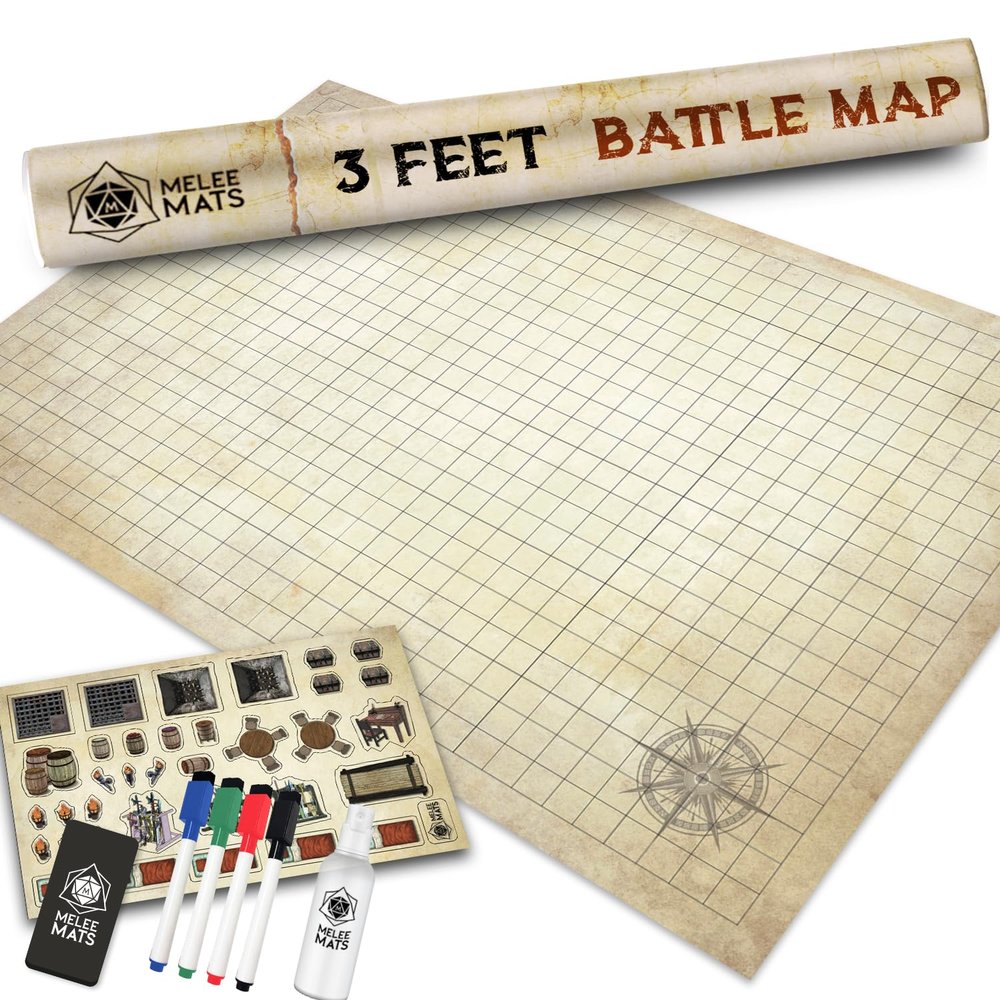 Melee Mats DND Map Starter Set - 24 x 36", Wet & Dry Erase Battle Terrain Grid for Dungeons and Dragons - Ultimate Tabletop Gaming Experience with Accessories