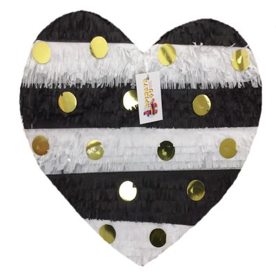 17" Wedding Heart Pinata Black White & Gold Color Wedding Party Supplies Bride To Be 20th 30th 40th 50th 60th Birthday Pinata