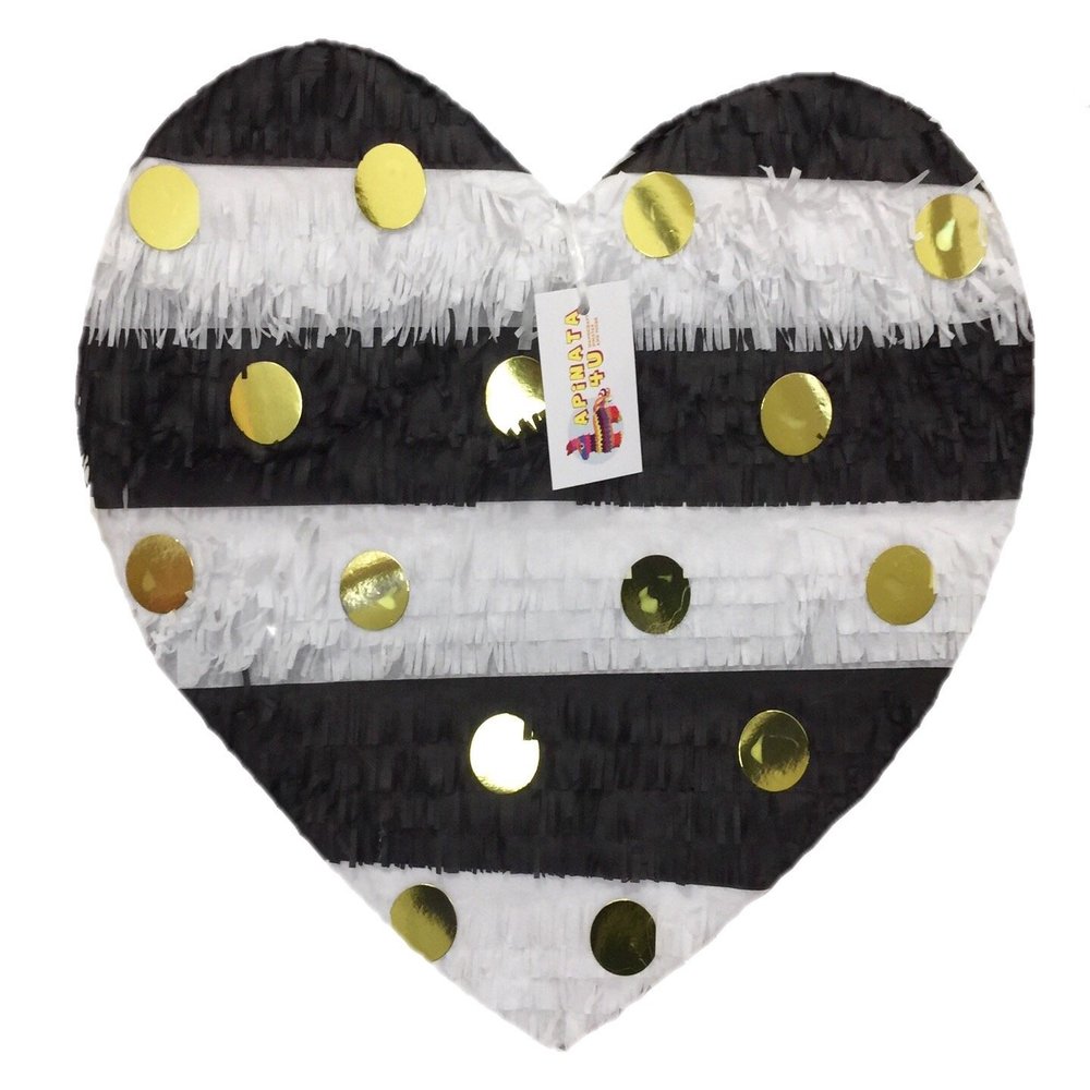 17" Wedding Heart Pinata Black White & Gold Color Wedding Party Supplies Bride To Be 20th 30th 40th 50th 60th Birthday Pinata